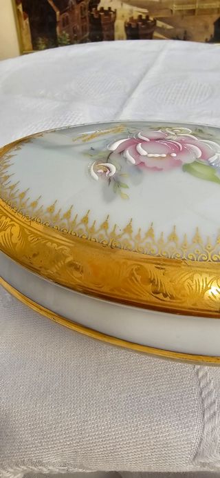 Caja joyero Limoges vintage ovalada, pintado a man