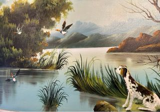 Cuadro vintage al óleo: paisaje con perro y aves.