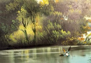 Cuadro vintage al óleo: paisaje con perro y aves.