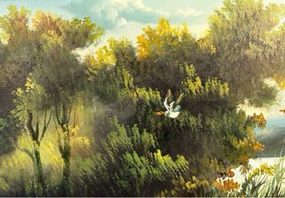 Cuadro vintage al óleo: paisaje con perro y aves.