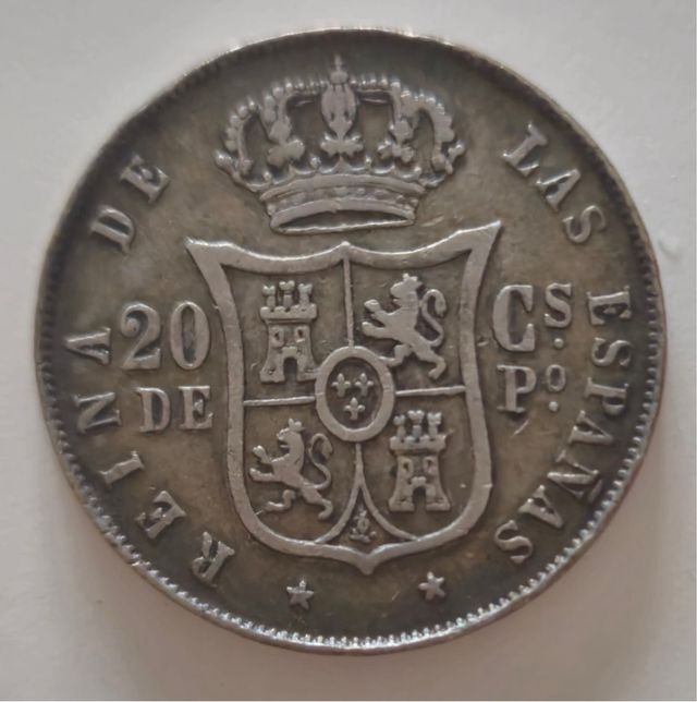 Moneda plata Isabel II. 20 Centavos 1868. Manila.