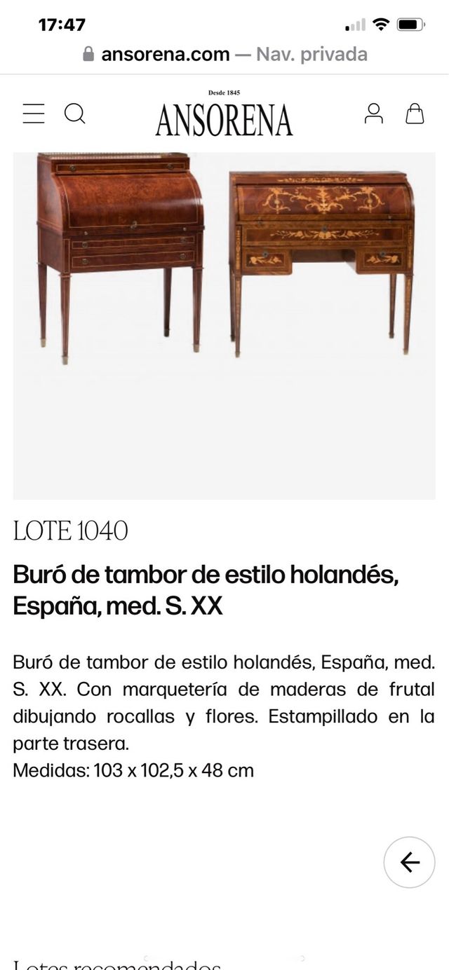 Buró de tambor de estilo holandés España a mediados del siglo XX