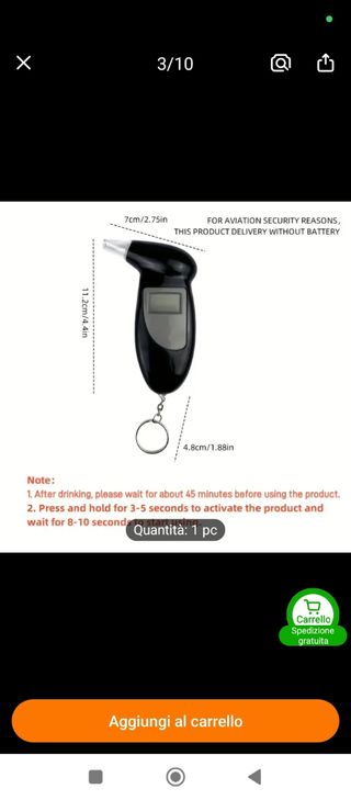 Tester digitale portatile per alcol
+ 4 batterie