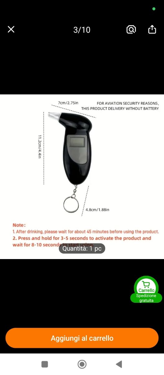 Tester digitale portatile per alcol 
+ 4 batterie 