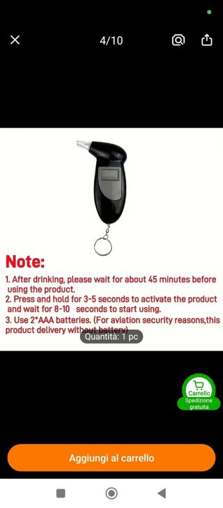 Tester digitale portatile per alcol
+ 4 batterie