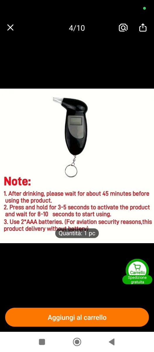 Tester digitale portatile per alcol 
+ 4 batterie 