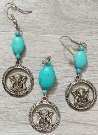 Colgante, Pulsera y pendientes Ganesha turquesa