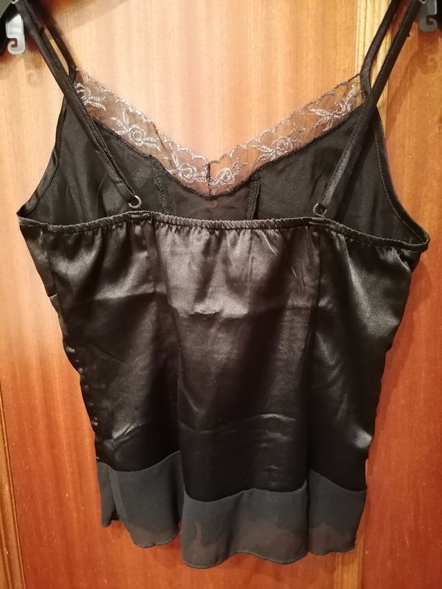 Blusa negra seda encaje talla S