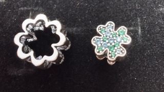 Pandora bracciale a cuore 2 clip cuore 2 charm vetro di murano 1 charm quadrifoglio verde