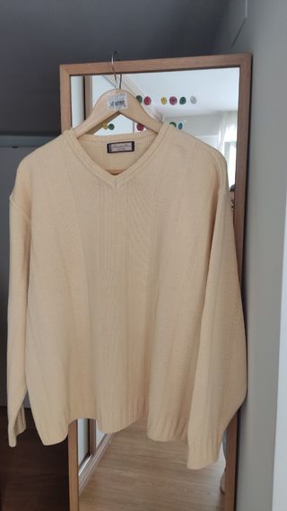 Jersey cuello de pico algodon color vainilla