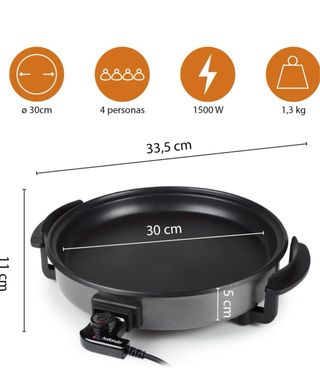 Paellera y cazuela eléctrica con 30 cm de diámetro y 4 cm de profundidad.