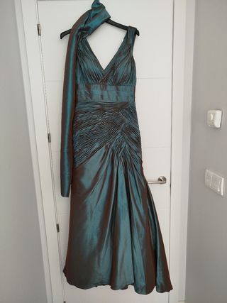 Vestido fiesta largo verde azulado