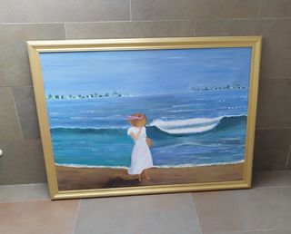 Cuadro al óleo. Chica paseando por la playa.