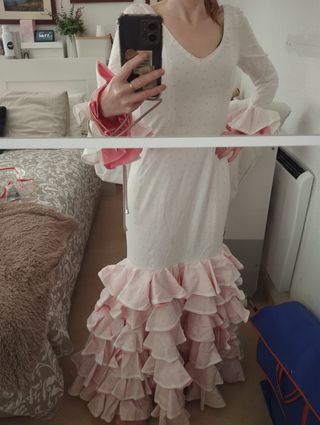 Vestido flamenca blanco con lunares rosa talla 38