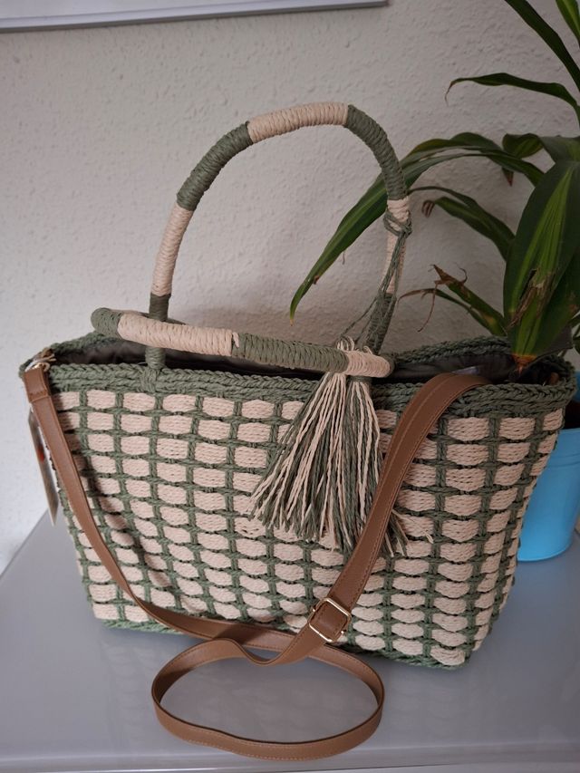 Bolso rafia - Verde oliva y beige