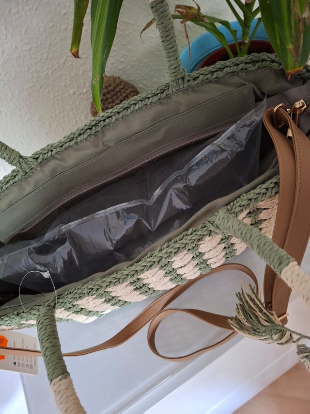 Bolso rafia - Verde oliva y beige