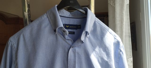 Camisa azul claro y espiguitas blancas.