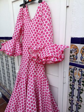 Traje Flamenca niña - Rosa lunares - Talla 12