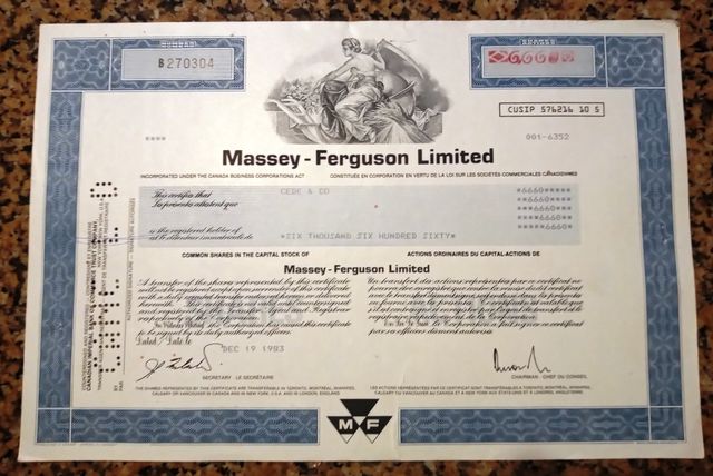 Certificato azionario Massey-Ferguson Limited 1983