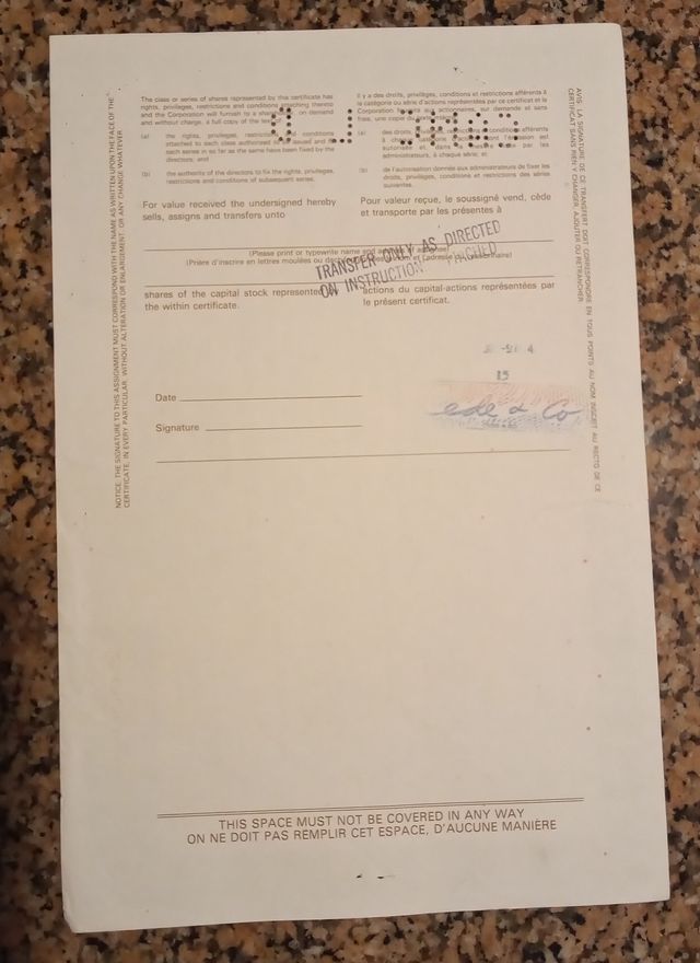Certificato azionario Massey-Ferguson Limited 1983