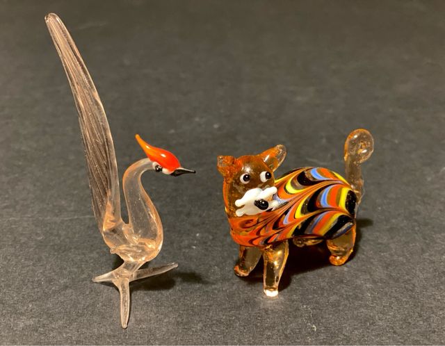 2 Sculture Vetro Murano: Uccello & Gatto