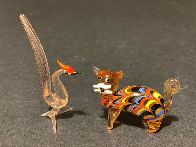2 Sculture Vetro Murano: Uccello & Gatto