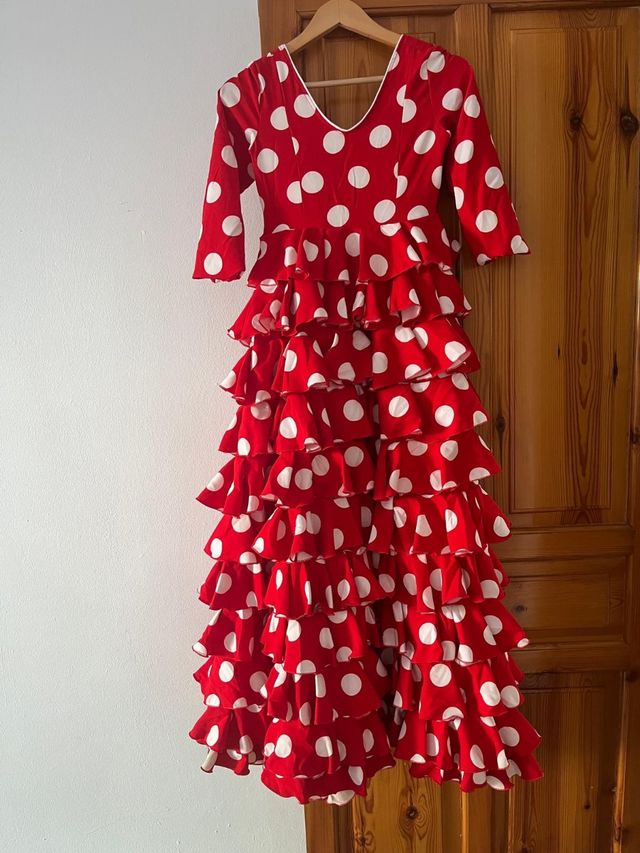 Traje flamenca niña rojo lunares blancos