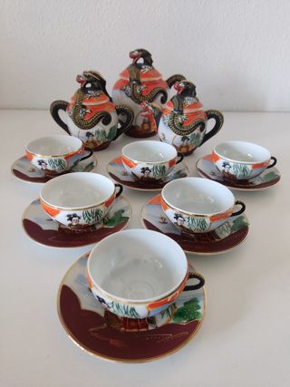 JUEGO DE CAFÉ / TÉ VINTAGE PORCELANA JAPÓN GEISHA