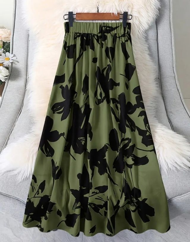 Gonna lunga verde oliva stampa floreale con elasti