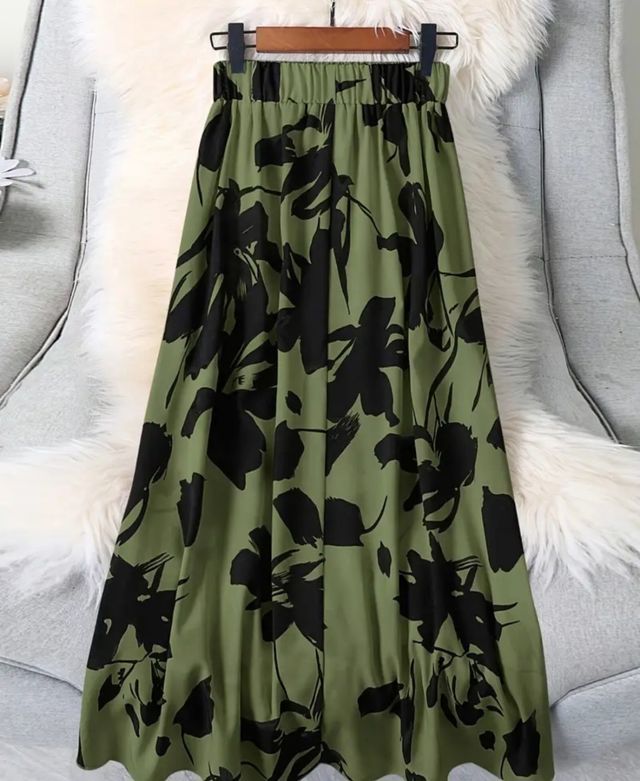Gonna lunga verde oliva stampa floreale con elasti
