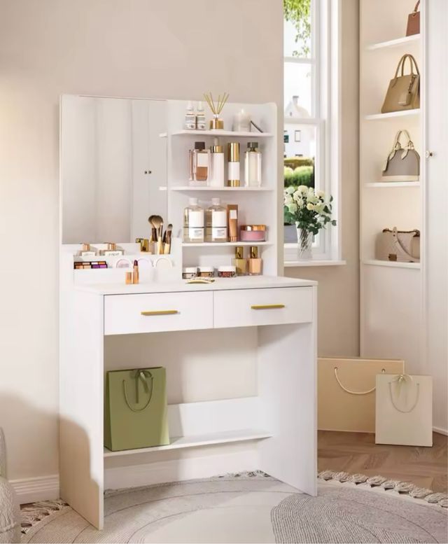 Tavolo da toeletta bianco con specchio e 2 cassetti - 80 cm