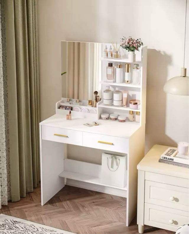 Tavolo da toeletta bianco con specchio e 2 cassetti - 80 cm