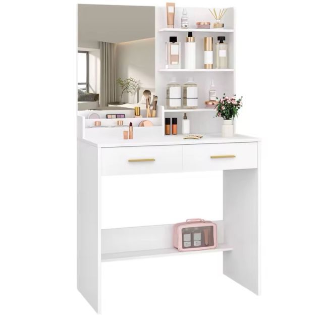 Tavolo da toeletta bianco con specchio e 2 cassetti - 80 cm