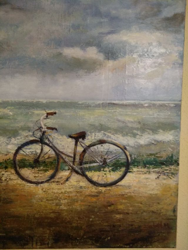 Cuadro grande, playa, bicicleta, vintage.