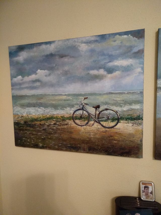 Cuadro grande, playa, bicicleta, vintage.