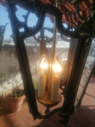 Pareja de faroles de techo en bronce y cristal