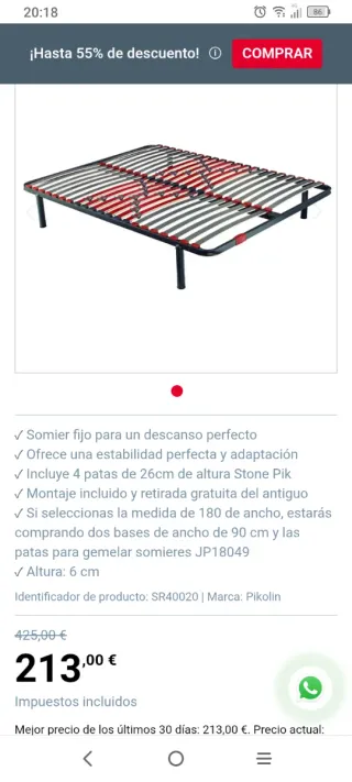 Somier Pikolin 135x190 seminuevo