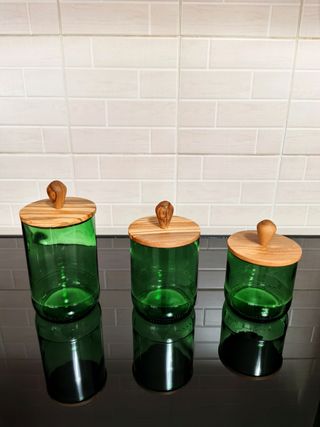 Contenitori barattoli set vetro e legno di ulivo