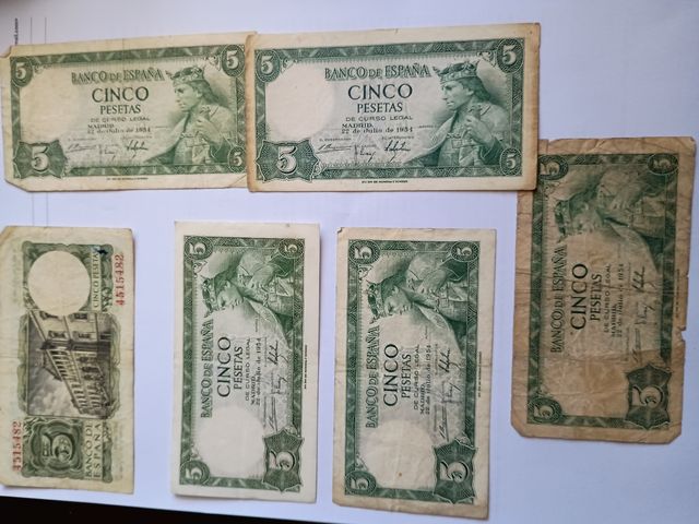 Lote de 6 billetes de 5 Pesetas de 1954