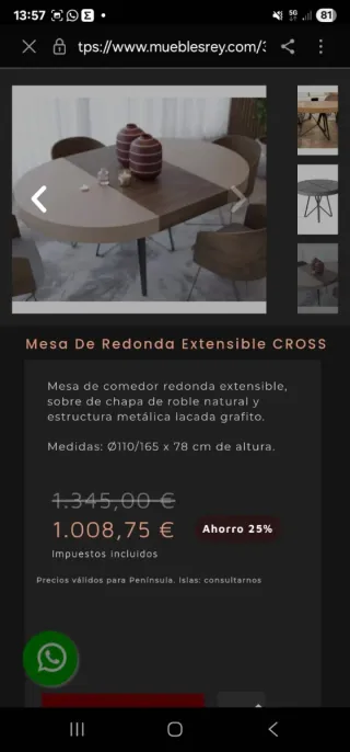 Mesa redonda extensible + 4 sillas velvet