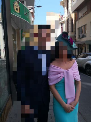 Vestido fiesta turquesa + chal rosa. 1 solo uso