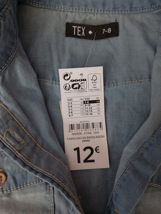 Camisa vaquera TEX niña talla 8 con etiqueta.