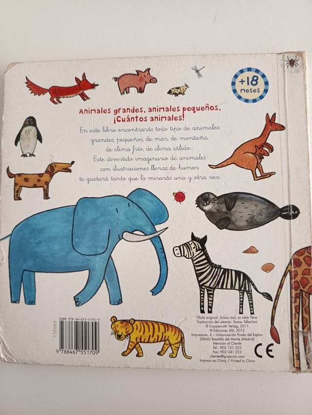 Libro cartón bebés y niño, con muchos animales