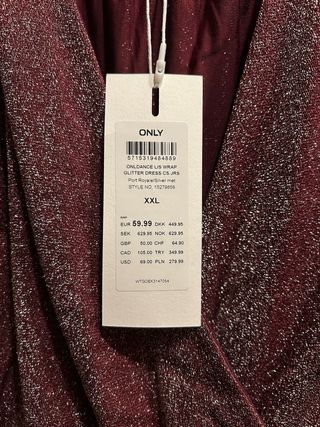 Vestido de fiesta burdeos con brillo ONLY Nuevo talla XXL