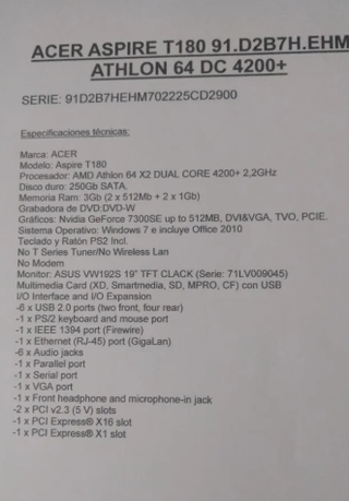 Ordenador (PC) ACER ASPIRE T180