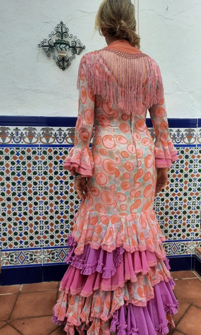 Traje Flamenca Rosa y Naranja.ragalo la flor
