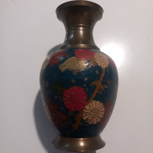 Vaso Ottone Smaltato Dipinto a Mano