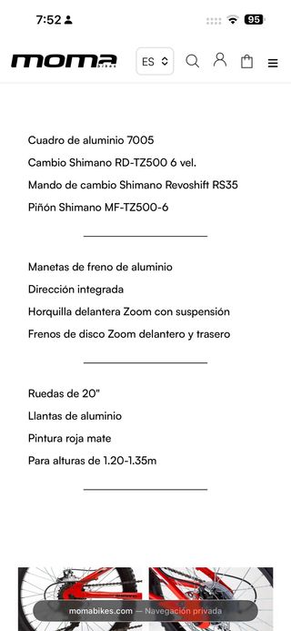 Bicicleta de montaña infantil Moma GTT20 Shimano 6v frenos de disco