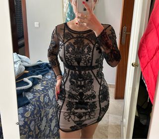 Vestido lentejuelas beige y negro