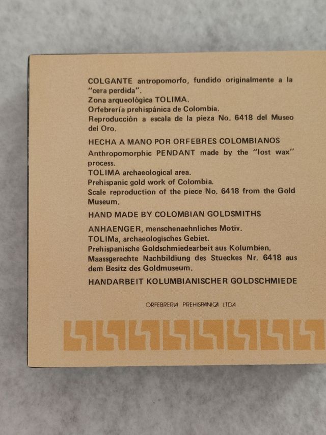 Reproducción del colgante de oro TOLIMA .